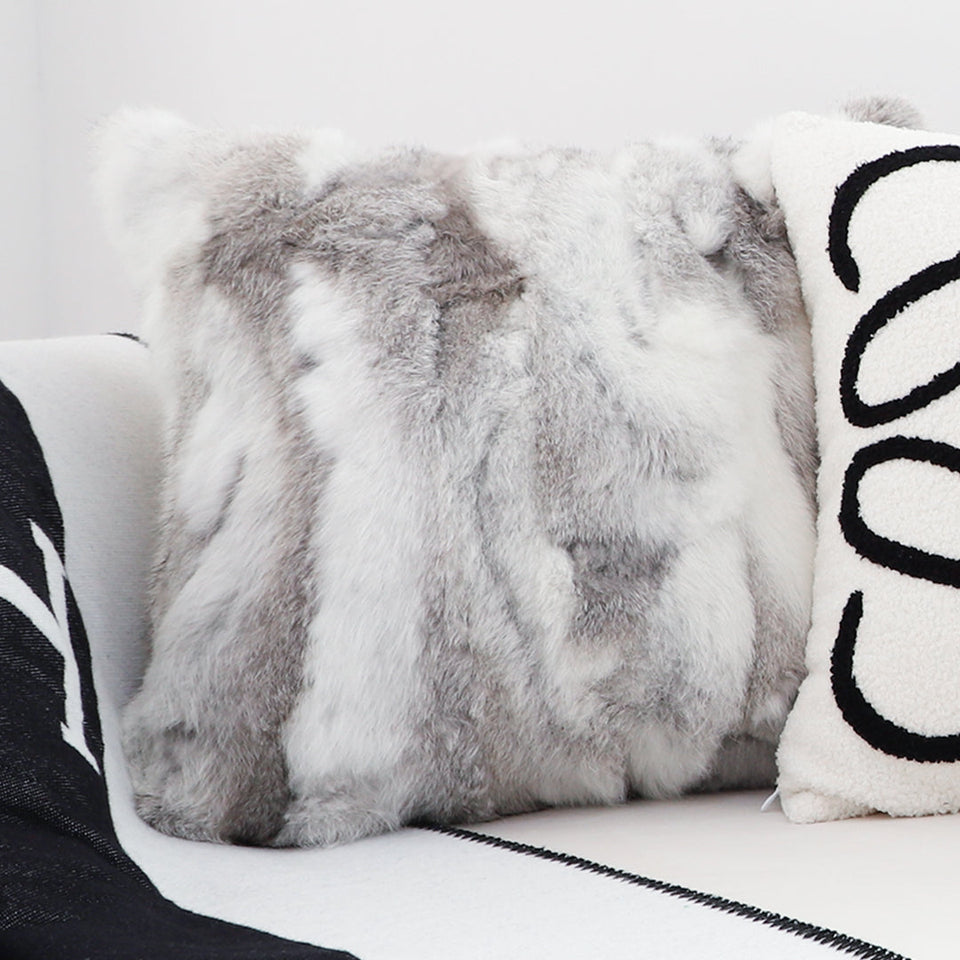 SOGA 2X 45cm Throw Pillow Floral Gray Rabbit Fur Square Warm Cozy Decorative Cushion Home Decor