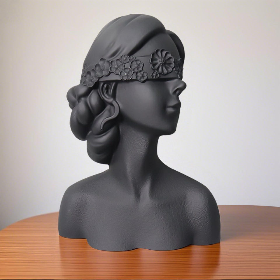 SOGA 36cm Black Resin Sculpture Blindfold Lady Bust Design for Home Decor