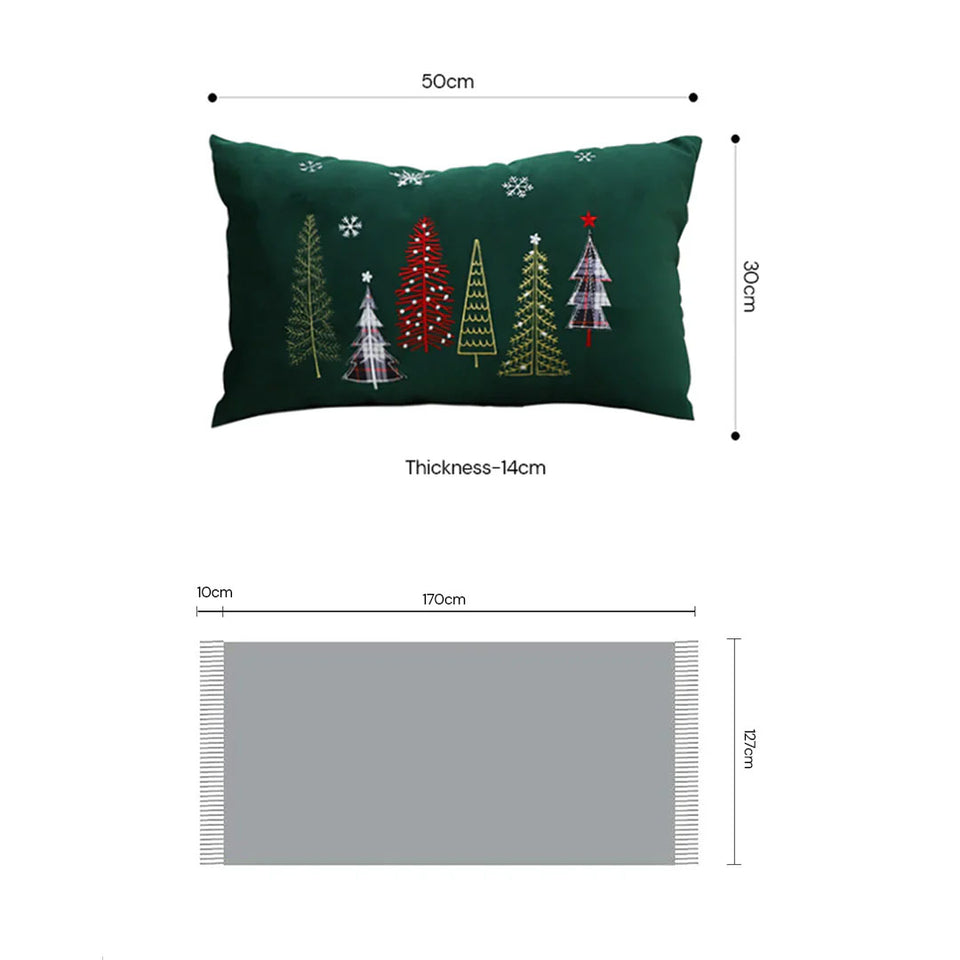 SOGA Christmas Bundle – 2 Dark Green Christmas Forest Lumbar Pillow & Teal Knitted Throw Blanket