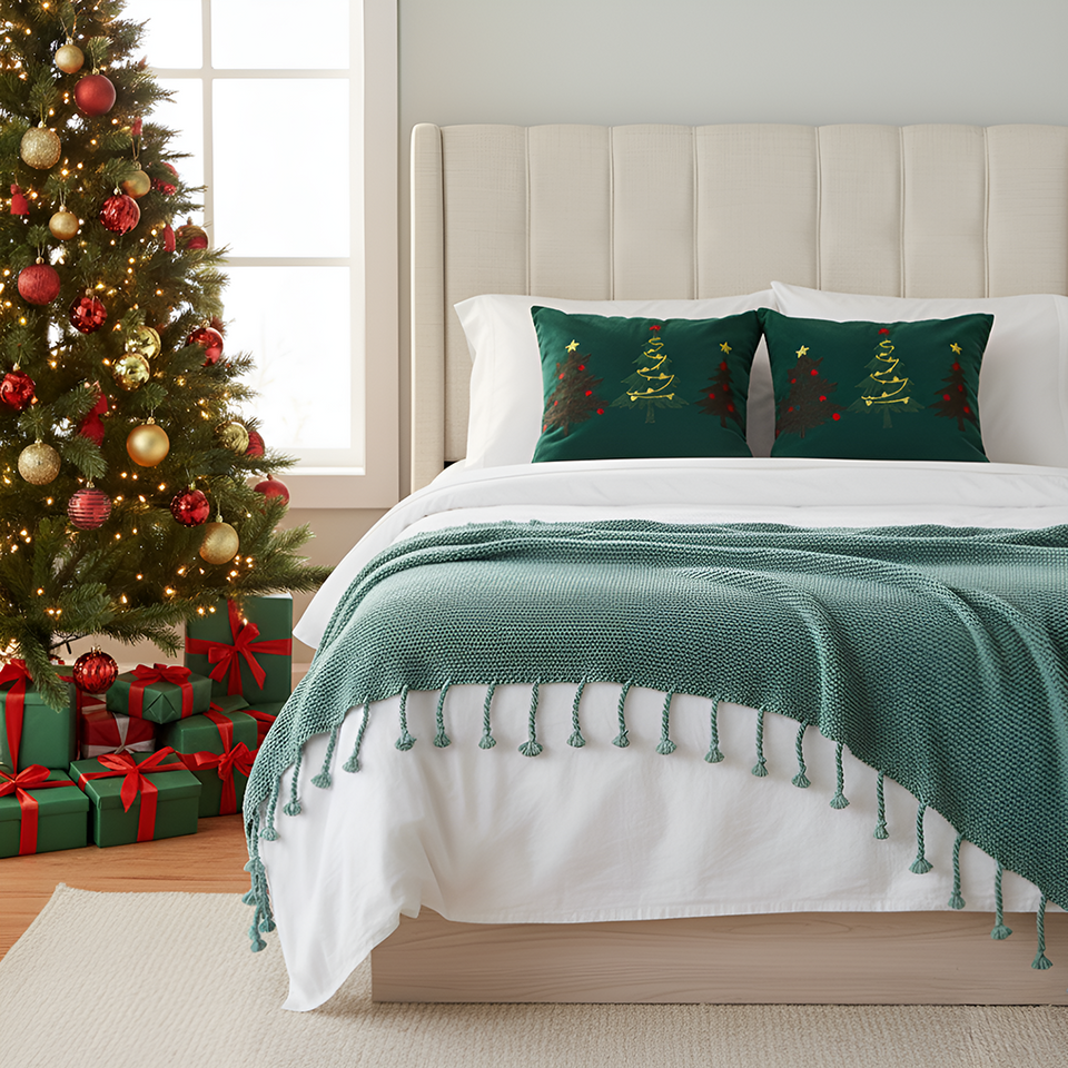SOGA Christmas Bundle – 2 Green Embroidered Christmas Tree Pillow & Tassel Fringe Knitted Blanket