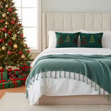 SOGA Christmas Bundle – 2 Green Embroidered Christmas Tree Pillow & Tassel Fringe Knitted Blanket