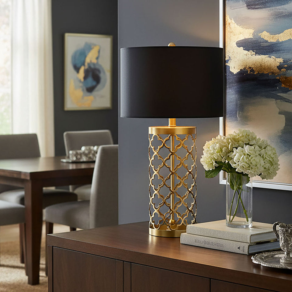 SOGA Golden Hollowed Out Base Table Lamp with Dark Shade