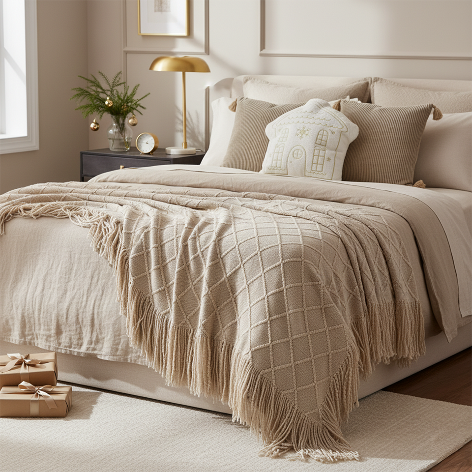SOGA Christmas Bundle – 2 Khaki Wabi-Sabi & White Christmas House Pillows with Beige Knitted Throw
