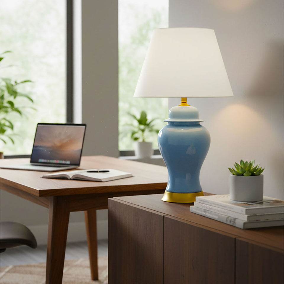 SOGA 4X Oval Ceramic Table Lamp with Gold Metal Base Desk Lamp Blue