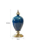 SOGA 2x 42cm Ceramic Oval Flower Vase with Gold Metal Base Dark Blue