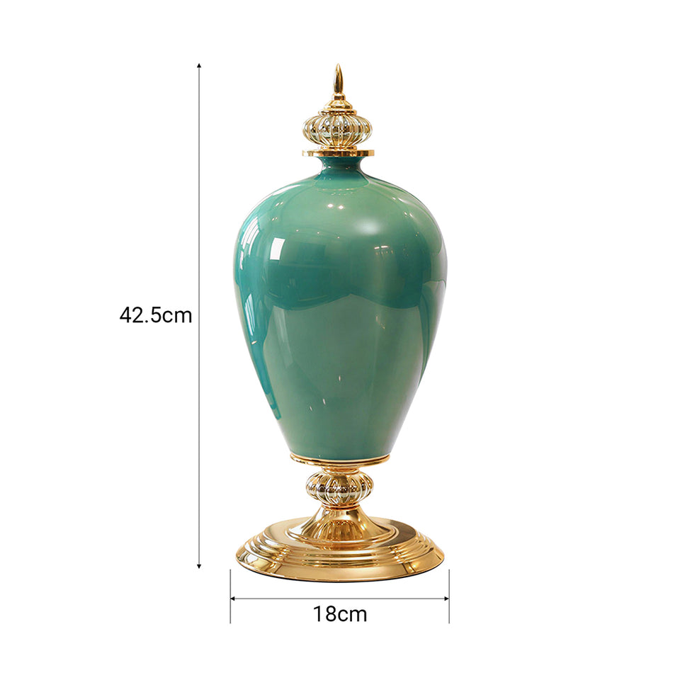 SOGA 2x 42cm Ceramic Oval Flower Vase with Gold Metal Base Green