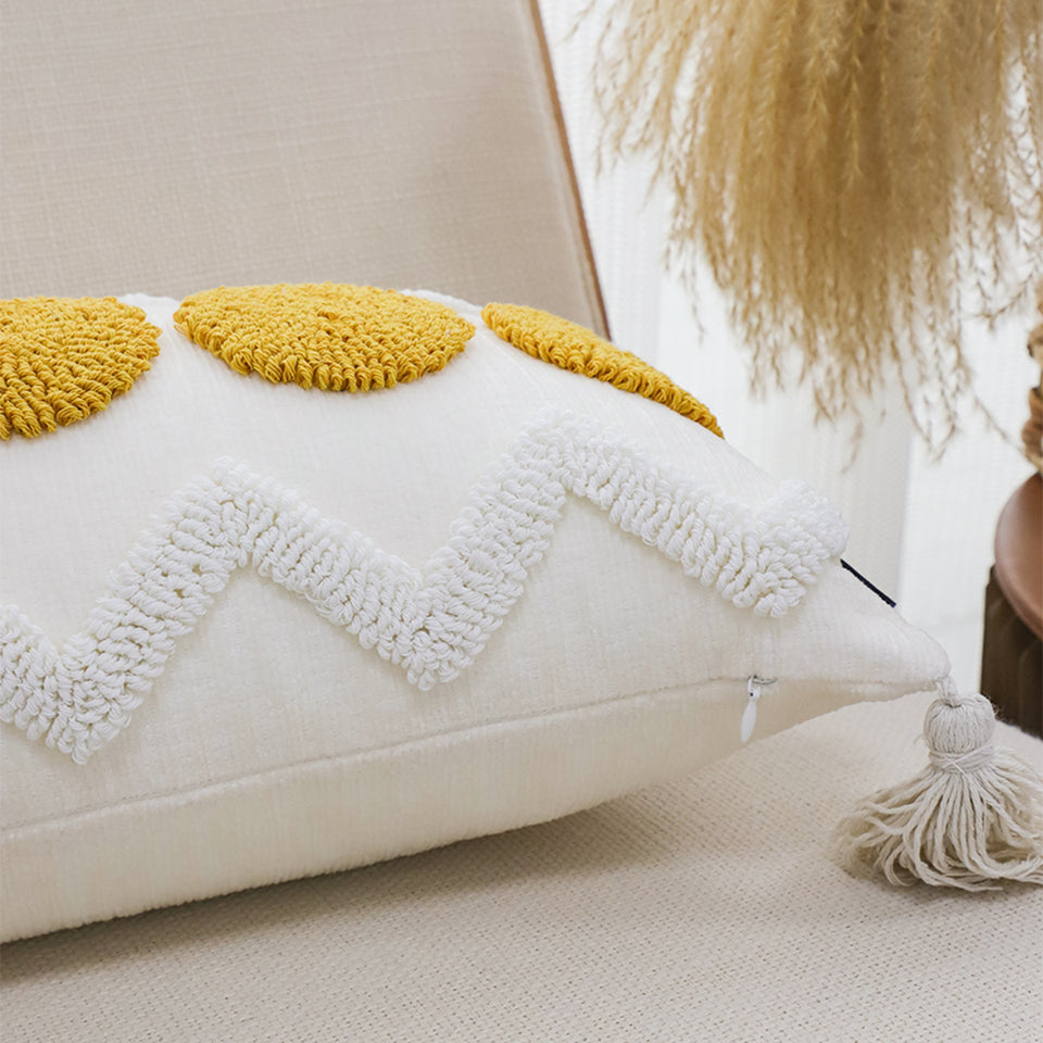 SOGA 2X 30cm Cream Yellow Circle Pom Chevron Tassel Decorative Pillow