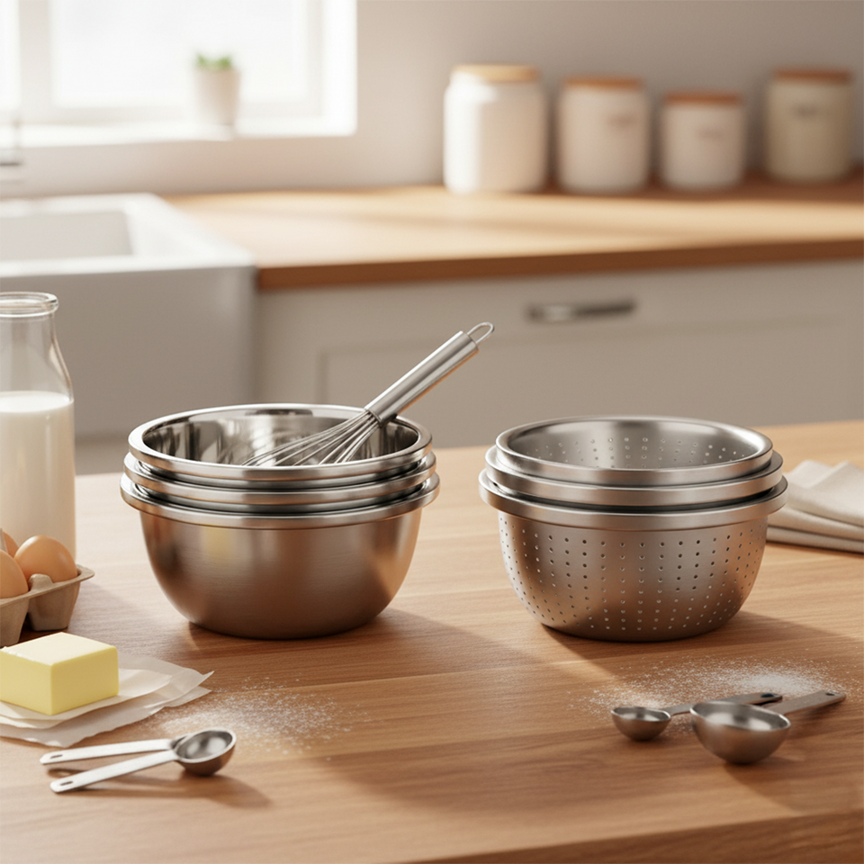 SOGA Kitchenware Bundle – Stainless Steel Nesting Colanders & Deep Stackable Mixing Bowls Set