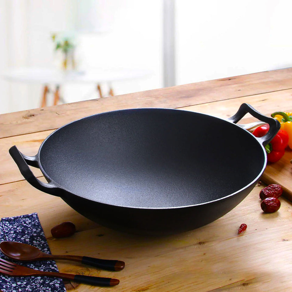 SOGA 32cm Commercial Cast Iron Wok FryPan Fry Pan with Double Handle