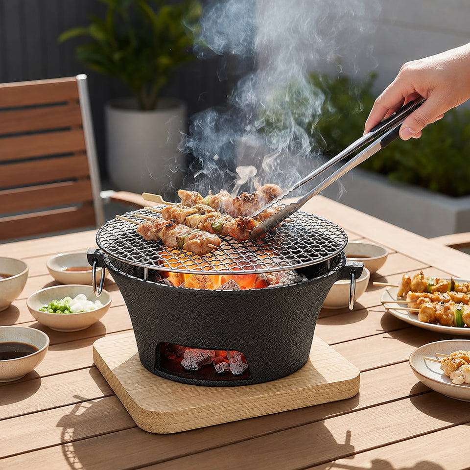 SOGA Large Cast Iron Round Stove Charcoal Table Net Grill Japanese Style BBQ Picnic Camping with Wooden Board