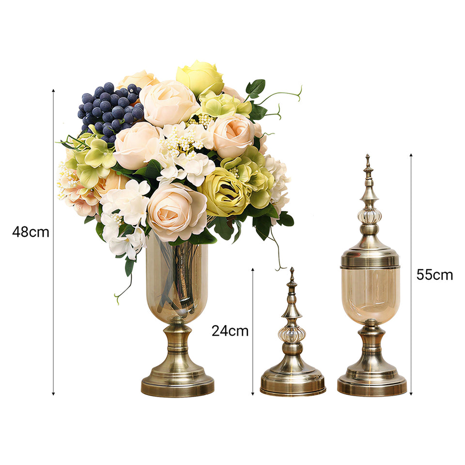 SOGA 2x Clear Glass Flower Vase with Lid and White Flower Filler Vase Bronze Set