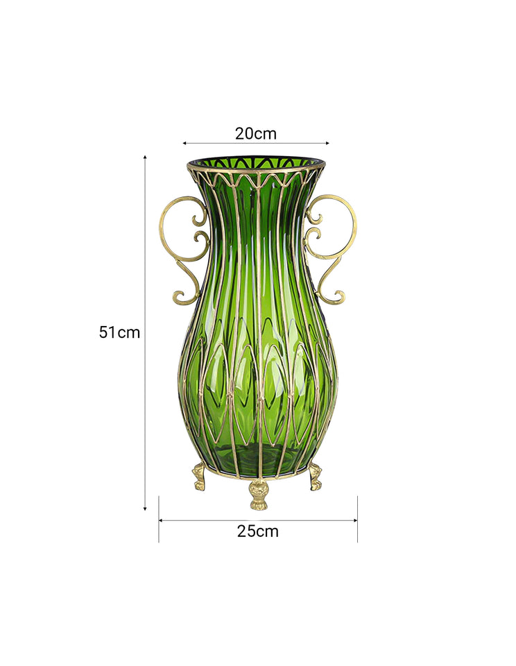 SOGA 51cm Green Glass Tall Floor Vase and 10pcs White Artificial Fake Flower Set