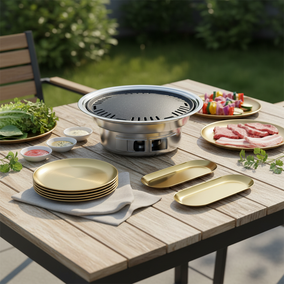 SOGA Kitchenware Bundle – Gold Nordic Plate Set, 23cm Grilling Plate & Portable Charcoal BBQ Grill