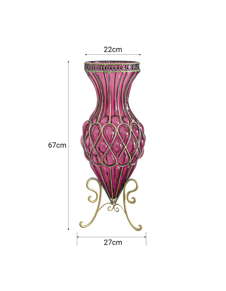 SOGA 67cm Purple Glass Tall Floor Vase with Metal Flower Stand