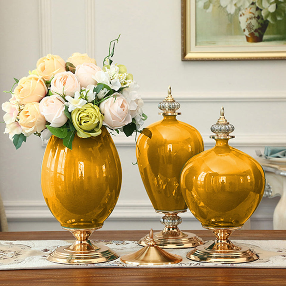 SOGA 38cm Ceramic Oval Flower Vase with Gold Metal Base Yellow