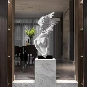 SOGA 86cm Modern White Winged Figure Sculpture with Artificial Marble Base for Home Decor