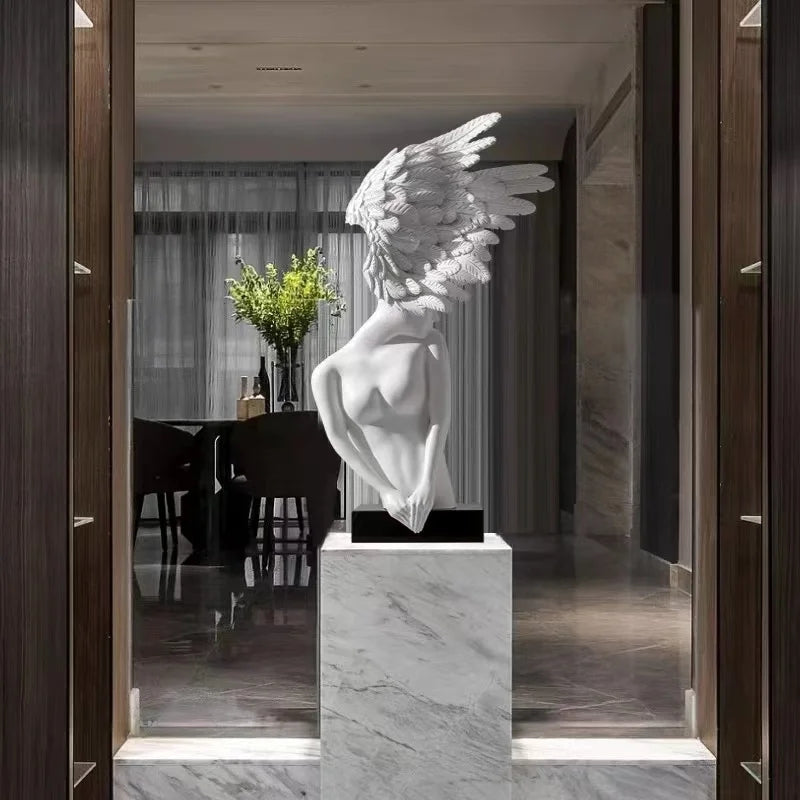 SOGA 86cm Modern White Winged Figure Sculpture with Artificial Marble Base for Home Decor