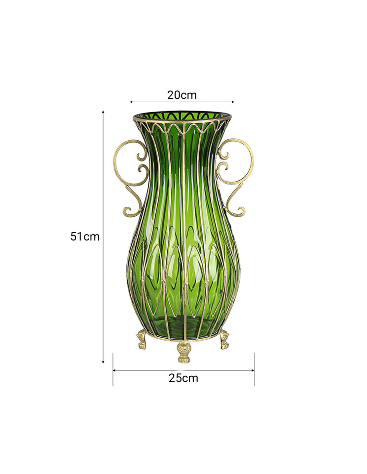 SOGA 51cm Green Glass Oval Floor Vase with Metal Flower Stand
