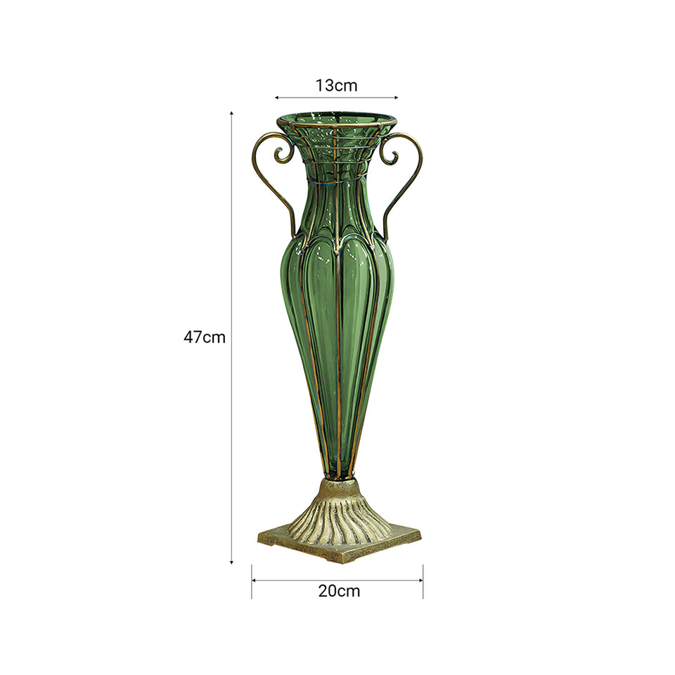 SOGA Green Colored European Glass Flower Vase Solid Base with Two Gold Metal Handle