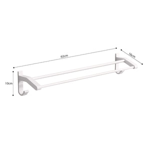 SOGA 2X 62cm White Wall-Mounted Double Pole Towel Holder Bathroom Organiser Rail Hanger with Hooks