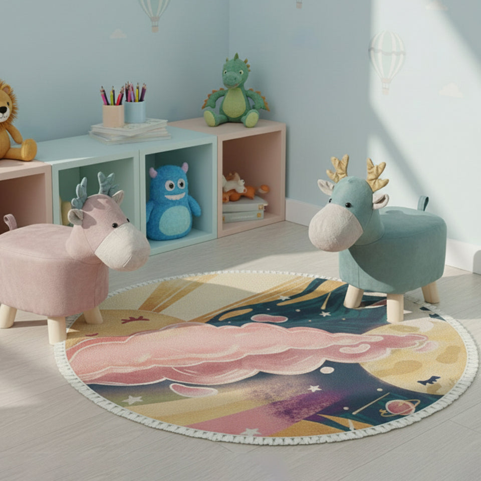 SOGA Home & Living Bundle – Pink & Green Deer Children’s Ottomans & Sky Clouds Round Rug