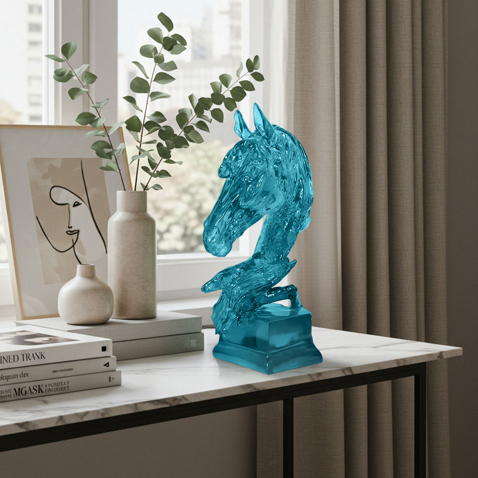 SOGA 37cm Blue Horse Head Resin Sculpture Flowing Mane Design Modern Art for Home Decor