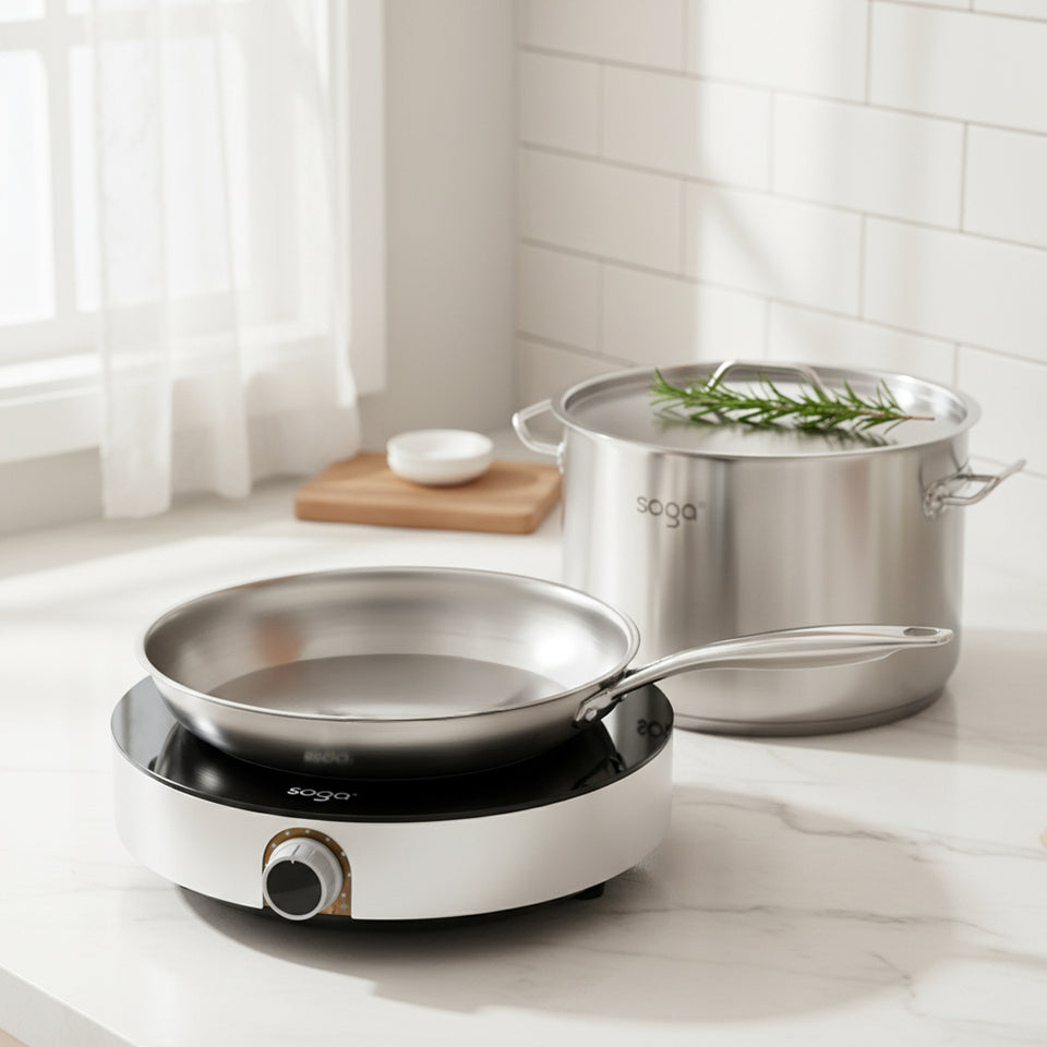 SOGA Kitchenware Bundle – 26cm Smart Induction Cooktop, Stainless Fry Pan & 9L Stock Pot