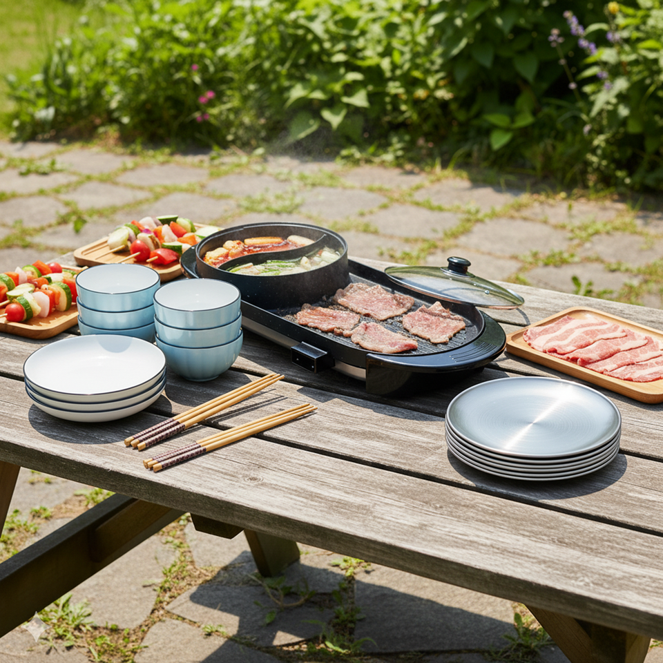 SOGA Kitchenware Bundle – 2-in-1 Electric BBQ Teppanyaki Grill, Blue Ceramic Dinnerware & Silver Grilling Plate
