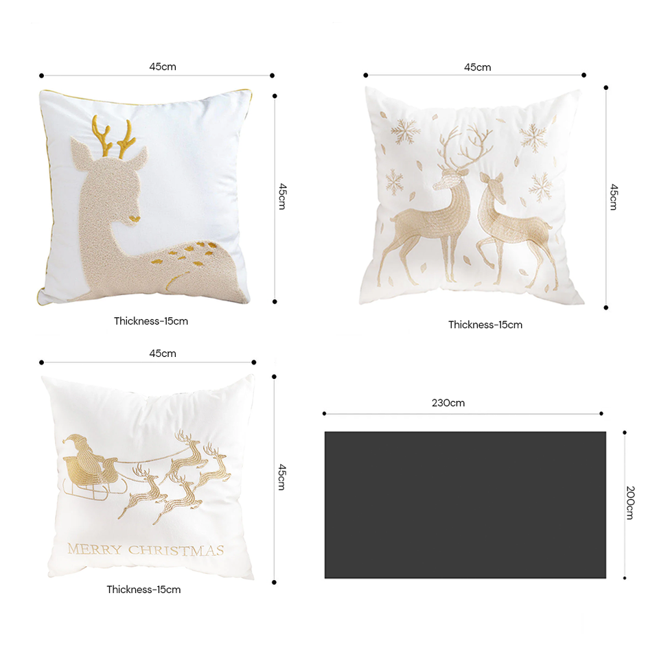 SOGA Christmas Bundle – White Chenille Throw Blanket & Festive Gold Accent Holiday Pillows