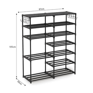 SOGA 12-Shelf Tier Shoe Storage Shelf Space-Saving Caddy Rack Organiser with Side Hooks Black