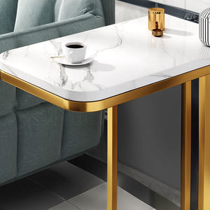 SOGA 2x 30x50cm White Stone-Patterned Sofa Side Tables – Square Mini Tables with Gold Metal Legs