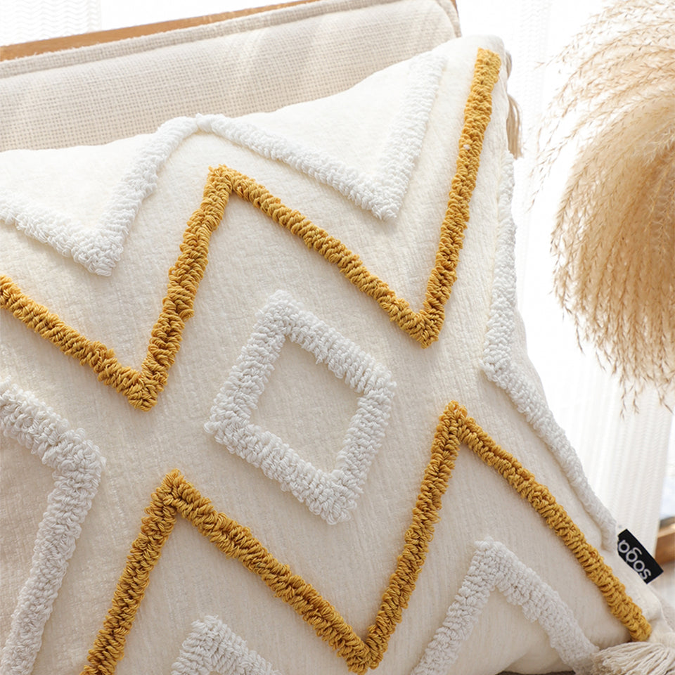 SOGA 2X Boho Tufted Cushion 45cm Tassel Beige Yellow Geometric Chevron Throw Pillow