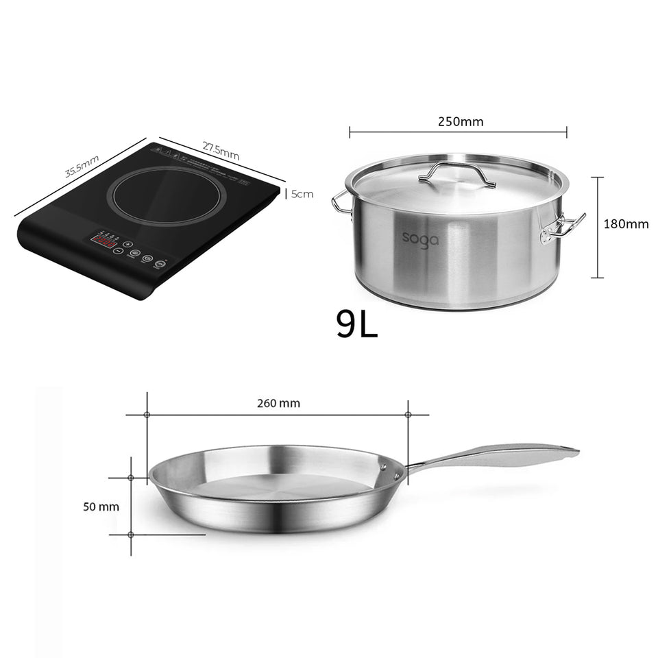 SOGA Kitchenware Bundle – 35.5cm Smart Induction Cooktop, 26cm Fry Pan & 9L Stock Pot