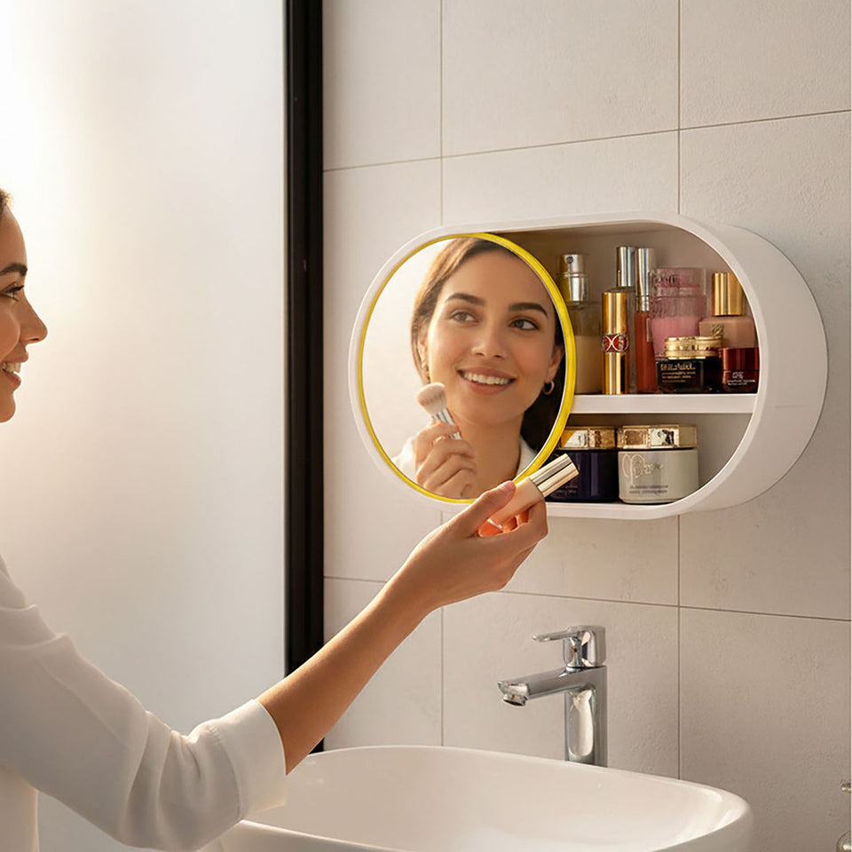 SOGA 2X 39cm Oval Wall-Mounted Mirror Storage Box Vanity Mirror Rack Bathroom Adhesive Shelf Home Organiser Deco