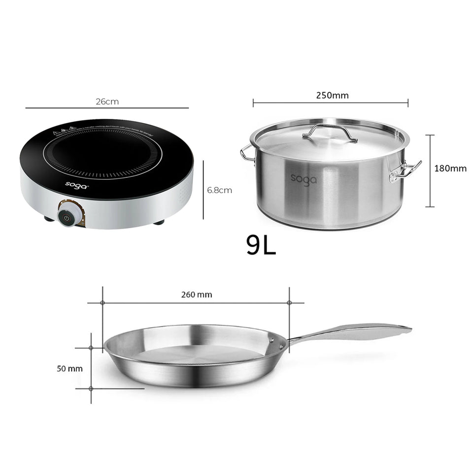 SOGA Kitchenware Bundle – 26cm Smart Induction Cooktop, Stainless Fry Pan & 9L Stock Pot