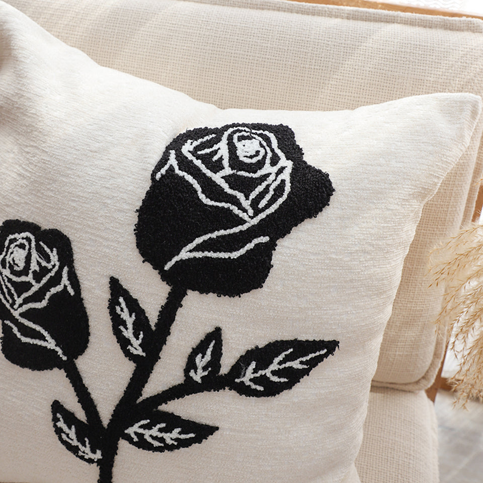 SOGA 2X 45cm White Black Rose Floral Embroidered Throw Pillow