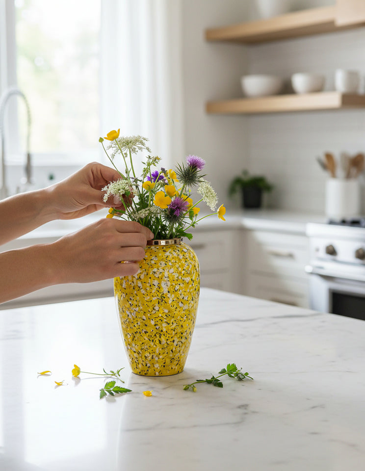 SOGA 30x19cm Yellow with White Mini Floral Medium Ceramic Flower Vase Elegant Living Room Home Decor