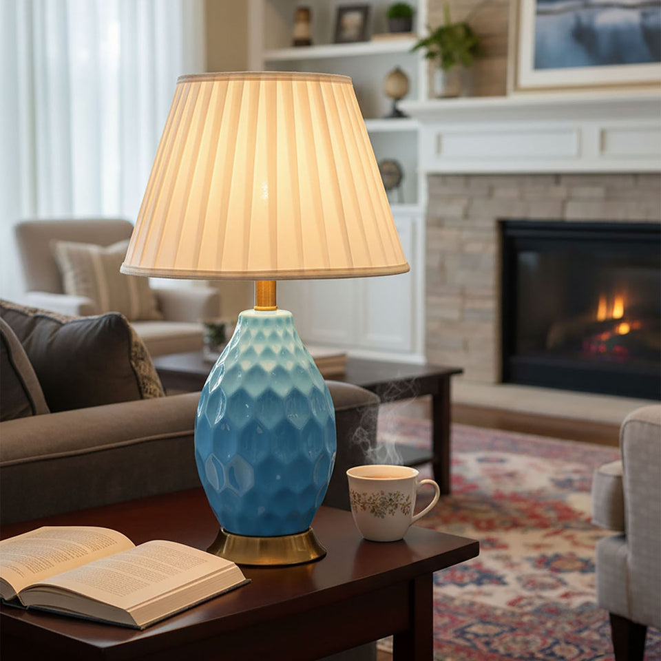 SOGA 4X Textured Ceramic Oval Table Lamp with Gold Metal Base Blue