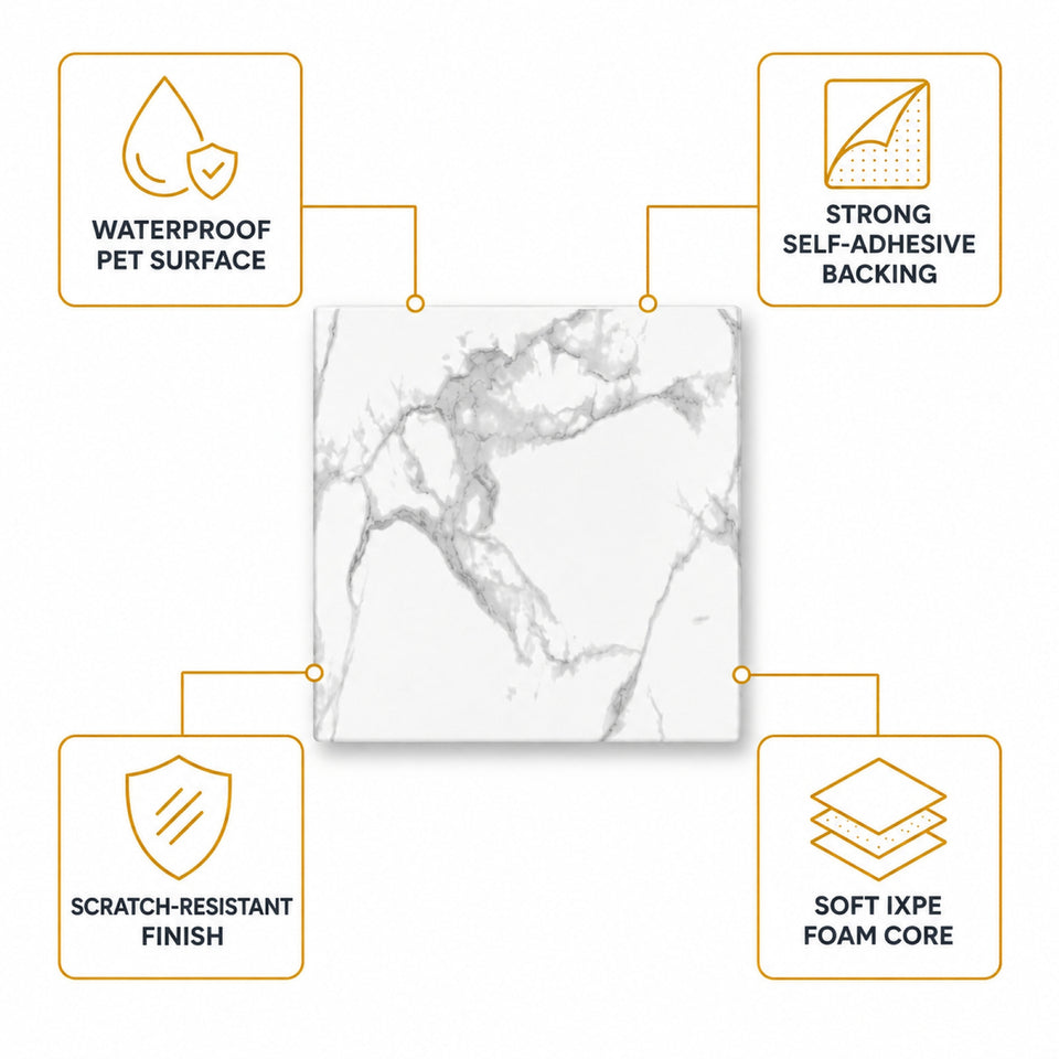 SOGA Peel & Stick Floor and Wall Tiles 30 x 30cm 10 Pack White Grey Faux Marble