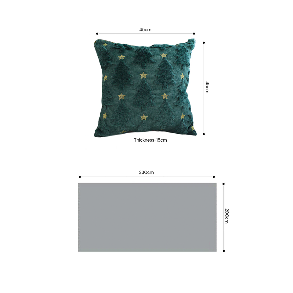 SOGA Christmas Bundle – 2 Teal Christmas Tree Pillow & Dark Green Cozy Striped Throw Blanket