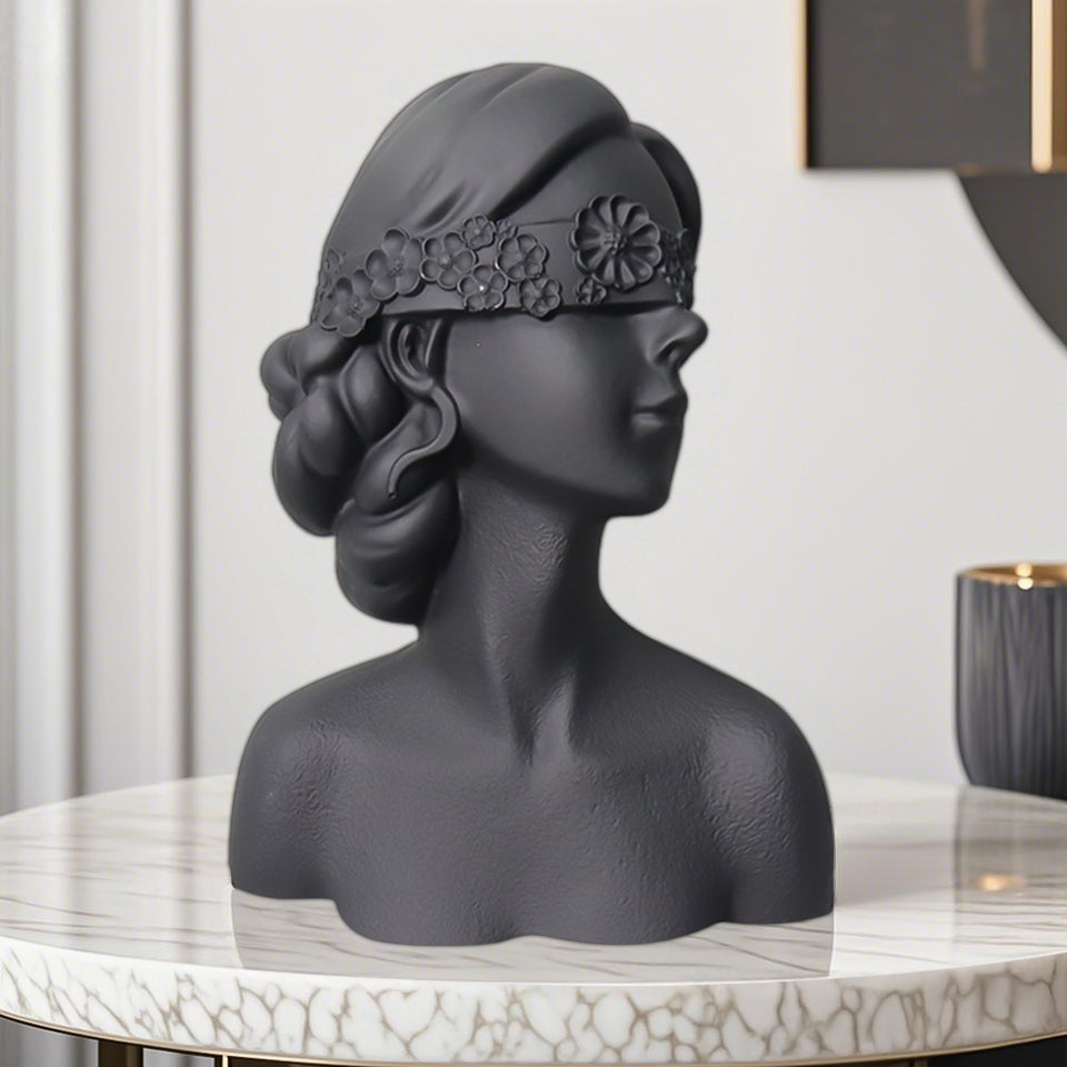SOGA 36cm Black Resin Sculpture Blindfold Lady Bust Design for Home Decor