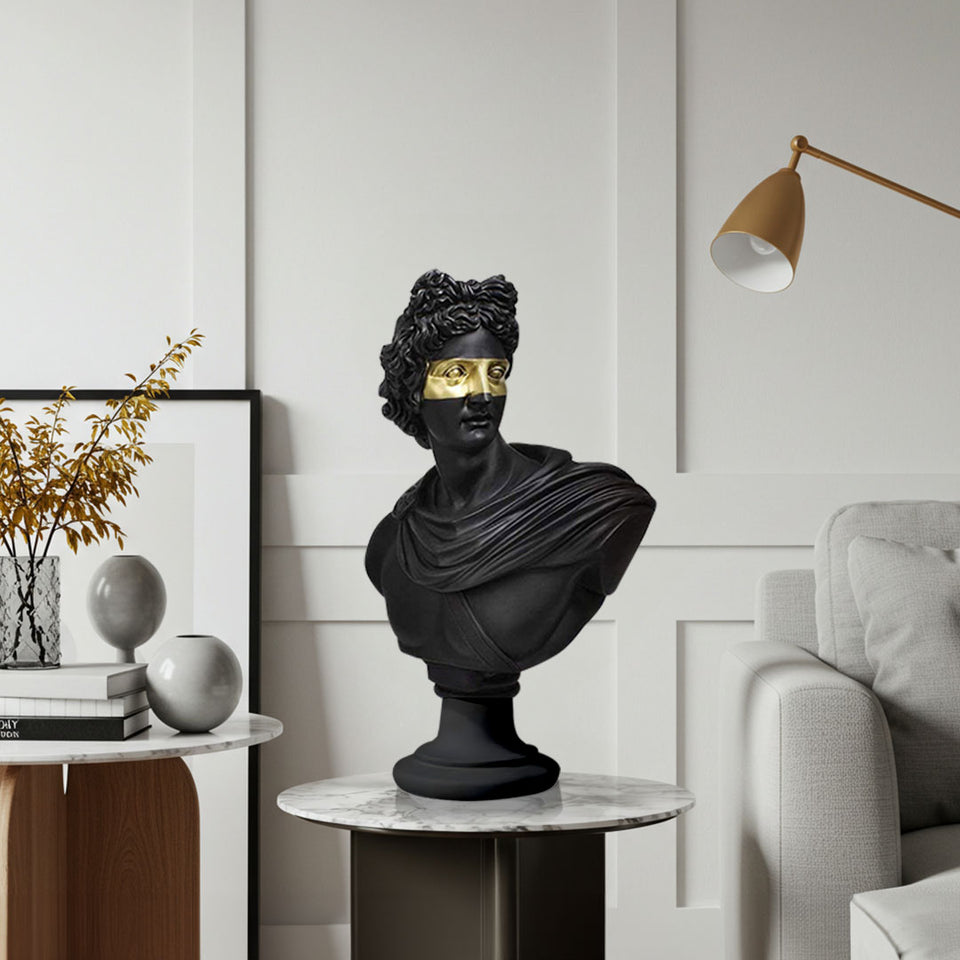 SOGA 40cm Black Classical Bust Resin Sculpture with Gold Eye Mask for Modern Home Decor