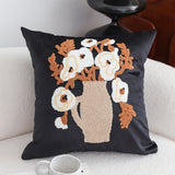 SOGA 45cm Black Brown White Floral Bouquet Embroidered Throw Pillow