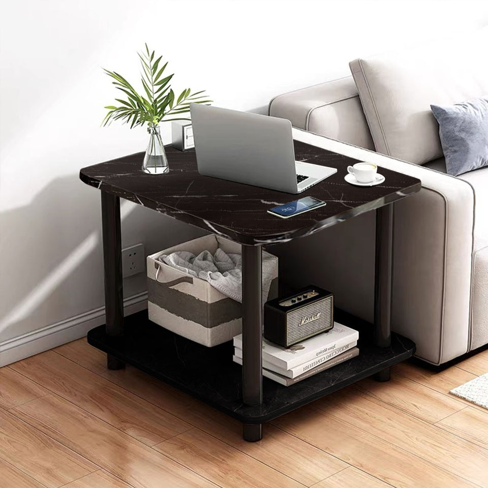 SOGA 60cm Black Stone-Patterned Table – Modern Round Design with Black Metal Legs