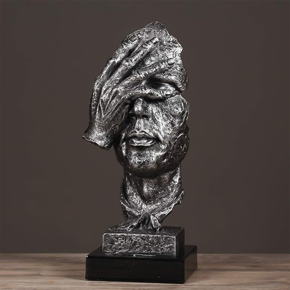 SOGA 30cm Black Resin Sculpture Covered Eyes Face Design Modern Art for Home Decor