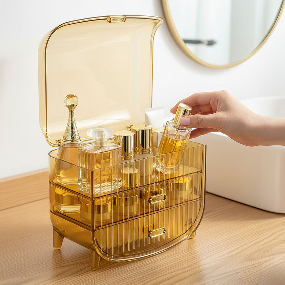 SOGA 3 Tier Golden Yellow Multifunctional Countertop Cosmetic Storage Makeup Perfume Skincare Display Stand Shelf Drawer Type Organiser