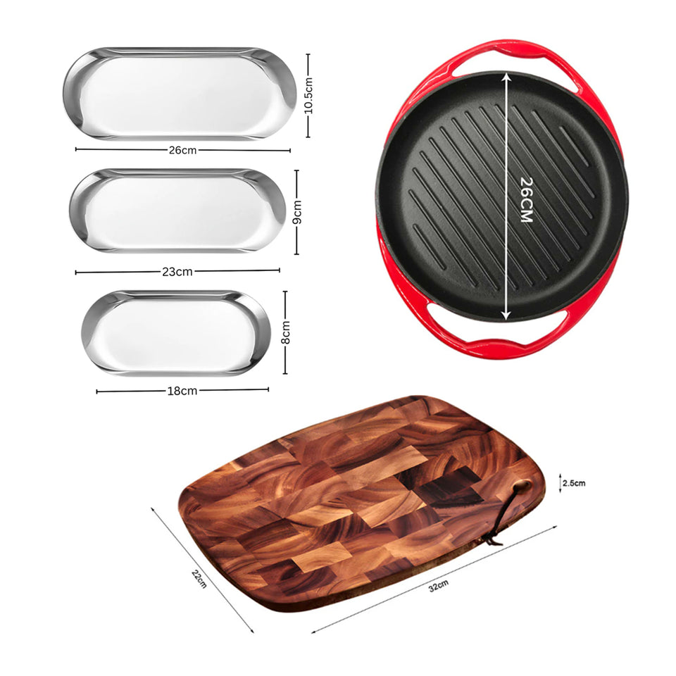 SOGA Kitchenware Bundle – Acacia Cutting Board, Cast Iron Skillet & Silver Nordic Plate Set