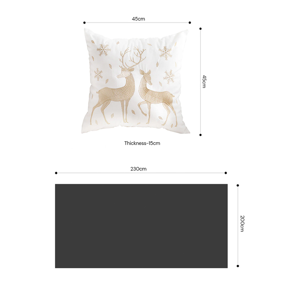 SOGA Christmas Bundle – 2 White & Gold Christmas Reindeer Pillow & White Chenille Fleece Throw