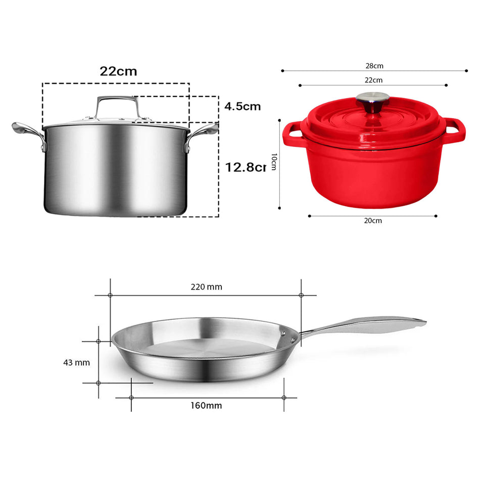 SOGA Kitchenware Bundle – Red Enamel Stewpot, Stainless Steel Fry Pan & Soup Stockpot