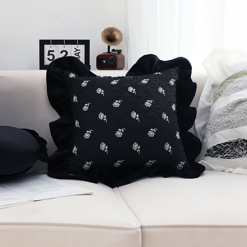 SOGA 2X 45cm Throw Pillow Black Ruffled Square Decorative Cushion for Rose Lovers Cozy Home Decor